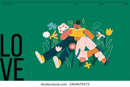 Valentine: Literary Love - modern flat vector concept illustration of a couple enjoying a book together in a serene natural setting. Metaphor for shared interests and intellectual harmony