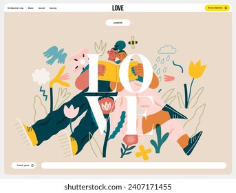 Valentine: Literary Love - modern flat vector concept illustration of a couple enjoying a book together in a serene natural setting. Metaphor for shared interests and intellectual harmony