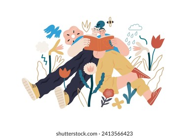 Valentine: Amor literario - moderna ilustración vectorial plana de una pareja que disfruta de un libro juntos en un entorno natural sereno. Metáfora para intereses compartidos y armonía intelectual