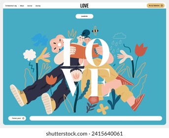 Valentine: Literary Love - modern flat vector concept illustration of a couple enjoying a book together in a serene natural setting. Metaphor for shared interests and intellectual harmony