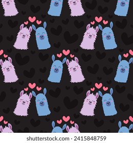 valentine llama and hearts seamless pattern, vector illustration of funny animals, valentines day concept on dark background
