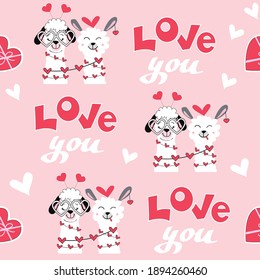 La llama y la inscripción de San Valentín te adoran con un patrón impecable. Ilustración vectorial de animales divertidos. Concepto de San Valentín en un fondo rosa