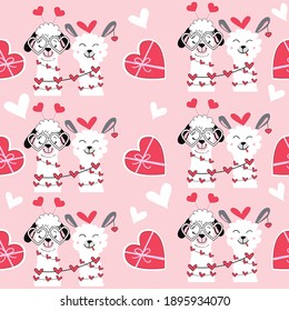 Valentine llama and love hearts seamless pattern. Vector illustration of funny animals. Valentines day concept on a pink background