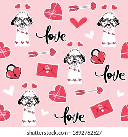 Valentine llama and love message, hearts and castle seamless pattern. Vector illustration of funny animals. Valentines day concept