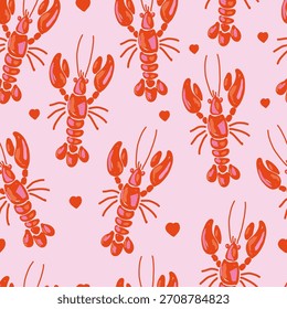 Valentine Lagosta Padrão sem emenda no fundo cor-de-rosa desenhado à mão Vetor Design com corações para impressões bonitas e Playfu. 