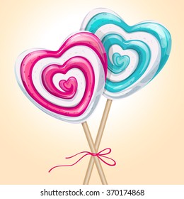 Valentine lollipop heart shaped, tied by ribbon. Vector illustration for Valentine's Day, wedding, Birthday and party.