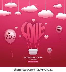 Valentine Love Balloon Typography Sale With Flying  Clouds Concept Design Background For Banner, Poster