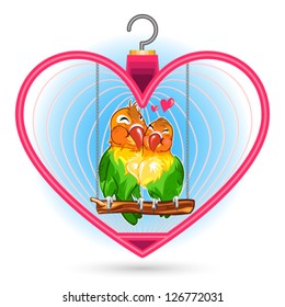 Valentine Love Bird Couple, Hugs And Kiss Each Other Inside A Pink Heart Cage