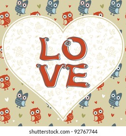 Valentine love card with cute romantic owls and hearts