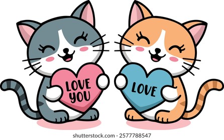 valentine love cat heart adorable colorful nubs couple character vector art