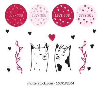 Valentine love cats hearts set