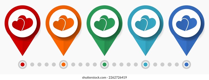 San Valentín, juego de iconos vectoriales de concepto de amor, punteros de corazones de diseño plano, plantilla infográfica fácil de editar