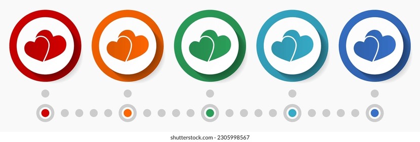 Valentine, love concept vector icon set, infographic template, flat design circle colorful web buttons in 5 color options