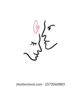 Valentine. Love couple line drawing and heart, Minimal face vector. Couple print, Valentine's day illustration. Love poster. Two faces. Simple poster, doodle.