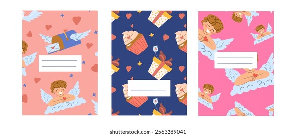 Valentine love covers design with cartoon characters and mails. Happy Valentine Days notebook covers tempate. Romantic girly design for books. Creative concept with bright colors.