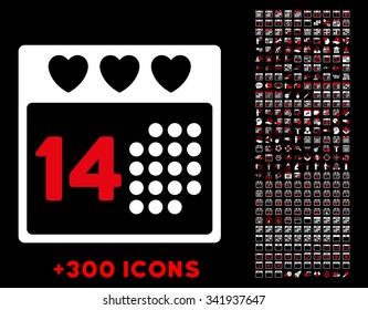 Valentine Love Date vector pictogram with additional 300 date and time management icons. Style is bicolor flat symbols, red and white colors, rounded angles, black background.