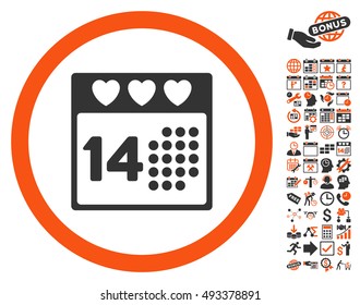 Valentine Love Day icon with bonus calendar and time management icon set. Vector illustration style is flat iconic bicolor symbols, orange and gray colors, white background.