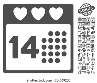 Valentine Love Day pictograph with bonus calendar and time management icon set. Vector illustration style is flat iconic symbols, gray color, white background.