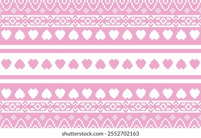 Valentine and Love day pink and white seamless pattern, fairytale pixel pattern in white and green with Nordic snowflakes for winter hats, ugly sweaters, jumpers. wallpaper, paper or other design