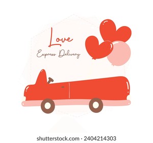 Valentine love delivery car. Cute Kawaii vehicle in love Theme with balloons in Flat Design.