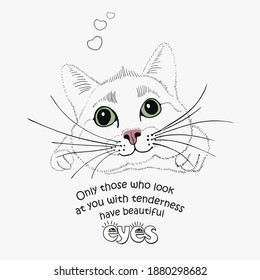 valentine, in love, drawn funny cat with green eyes, inscription: Only those who look at you with tenderness have beautiful eyes.