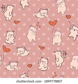 Valentine Love Heart Bear Balloon Flower Petals Star Seamless Pattern. Vector illustration. Great for valentines, weddings, birthday, party, gift wrapping, wallpaper, textile and scrapbook 
