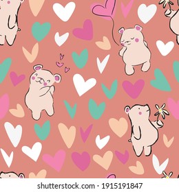 Valentine Love Heart Bear Balloon Flower Petals Seamless Pattern. Vector illustration. Great for valentines, weddings, birthday, party, gift wrapping, wallpaper, textile and scrapbook 