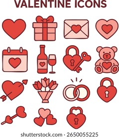 Valentine love heart gift present teddy bear rings flowers wine message padlock key icons vector set on transparent background