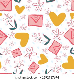 Valentine Love Heart Letter Envelope Wings Flower Petals Seamless Pattern. Vector illustration. Great for valentines, weddings, birthday, party, gift wrapping, wallpaper, textile and scrapbook 