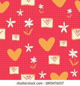 Valentine Love Heart Letter Envelope Flower Petals Seamless Pattern. Vector illustration. Great for valentines, weddings, birthday, party, gift wrapping, wallpaper, textile and scrapbook 