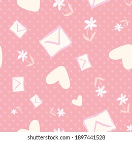 Valentine Love Heart Letter Envelope Flower Seamless Pattern. Vector illustration. Great for valentines, weddings, birthday, party, gift wrapping, wallpaper, textile and scrapbook 