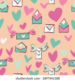 Valentine Love Heart Letter Envelope Wings Seamless Pattern. Vector illustration. Great for valentines, weddings, birthday, party, gift wrapping, wallpaper, textile and scrapbook 