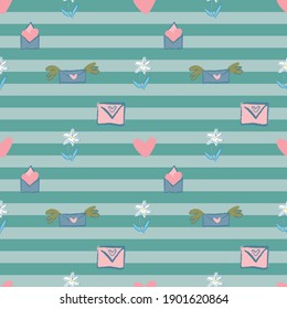 Valentine Love Heart Letter Envelope Flower Petals Horizontal Stripes Seamless Pattern. Vector illustration. Great for valentines, weddings, birthday, party, gift wrapping, wallpaper, textile and