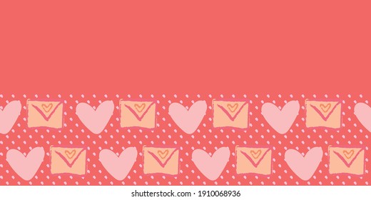 Valentine Love Heart Letter Envelope Polka Dots Frame Border Seamless Pattern. Vector illustration. Great for valentines, weddings, birthday, party, gift wrapping, wallpaper, textile and scrapbook 
