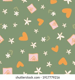 Valentine Love Heart Letter Envelope Flower Seamless Pattern. Vector illustration. Great for valentines, weddings, birthday, party, gift wrapping, wallpaper, textile and scrapbook 