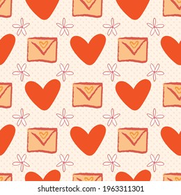 Valentine Love Heart Letter Envelope Flower Petals Seamless Pattern. Vector illustration. Great for valentines, weddings, birthday, party, gift wrapping, wallpaper, textile and scrapbook 