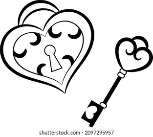 Valentine love heart lock and key drawing sketch for coloring