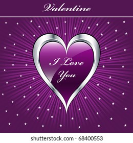 Valentine love heart in purple and silver on sunburst background with stars. Copyspace for text. Raster also available.