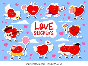 Valentine love heart stickers vector set. Cute cartoon love-themed adhesive Valentines day patches with cheerful, loving heart characters engaged in romantic activities at blue cloudy sky background