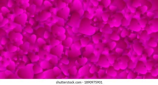 Valentine love hearts background, vector pattern, texture with pink petals or confetti 3d effect. Romantic banner or poster template, wedding invitation with hearts explosion, messy scattered splash