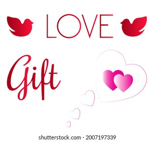 Valentine love icons elements set including LOVE, dove bird, gift, pink gradient hearts on white background