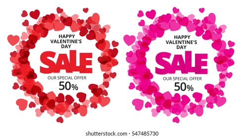 Valentine love label with red and pink heart and sale discount text. Vector paper illustration.