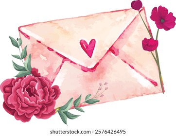 Valentine love letter watercolor concept with heart and flowers, cute valentine love letter vector