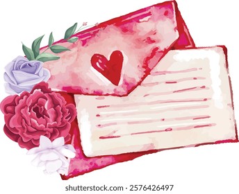 Valentine love letter watercolor concept with heart and flowers, cute valentine love letter vector