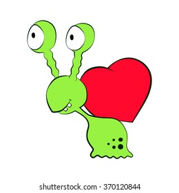Valentine love monster green snail with red heart. Isolated cartoon illustration.