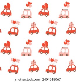 Valentine love pattern seamless with red and pink cars delivery love heart, isolated on white background.