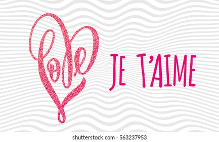 Valentine love pink heart French text on luxury vector sequins pattern for premium white greeting card.