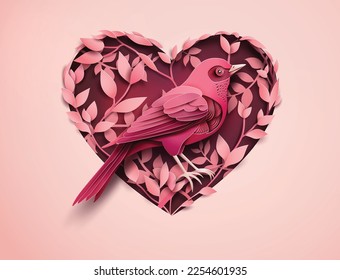 Valentine and love  with red bird perched on a branch of  tree heart shape . paper cut art style.