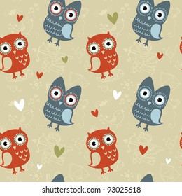 Valentine love seamless texture with cute owls and hearts, endless romantic pattern.