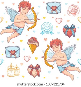 Valentine love sketch pattern. Vector heart background. Doodle seamless illustration. Valentine's day romantic wallpaper. Fashion watercolor cute set with envelope, cupid cherub, hearts